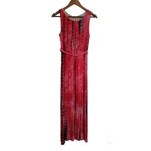 Ces Femme Women's Size Small Red Black Tie Dye Maxi Dress Waist Tie Sleeveless
